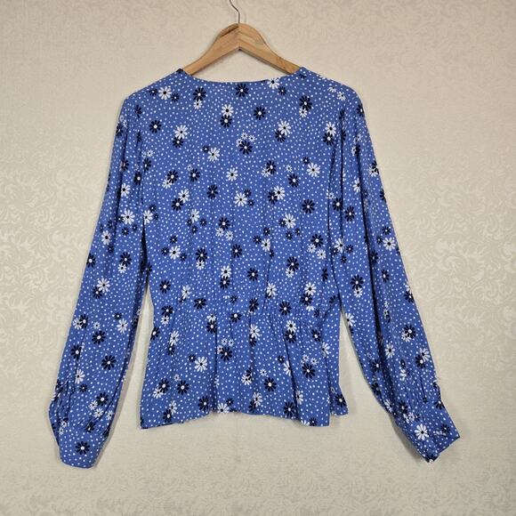 Talbots Poet Sleeve Faux Wrap Top sz L Blue White Flowers Dots Boho - Picture 7 of 15
